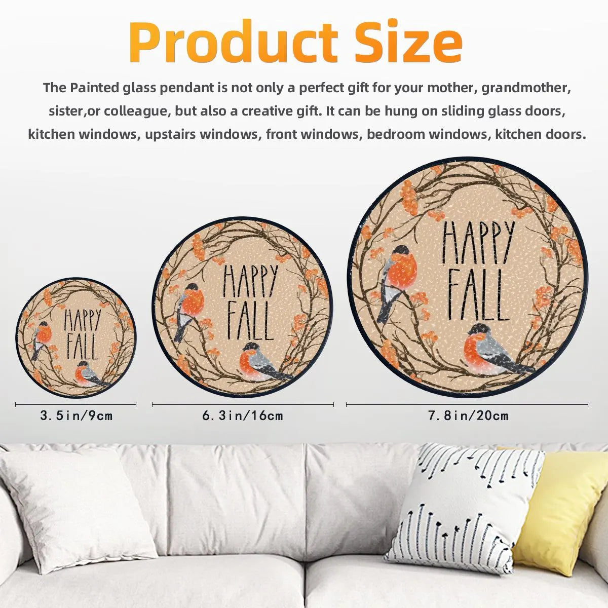 Happy Fall with Orange Birds and Tree Branches Suncatcher