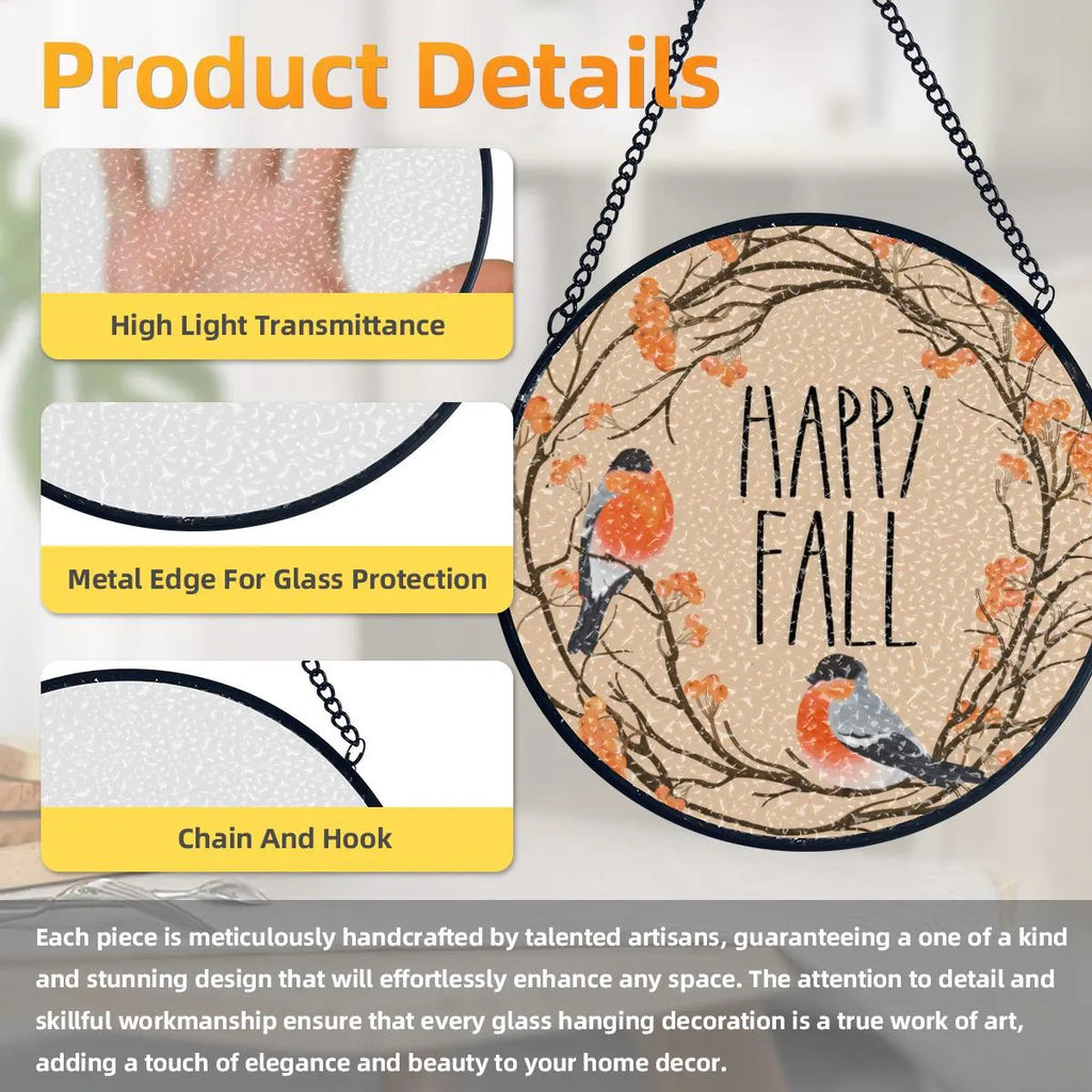 Happy Fall with Orange Birds and Tree Branches Suncatcher
