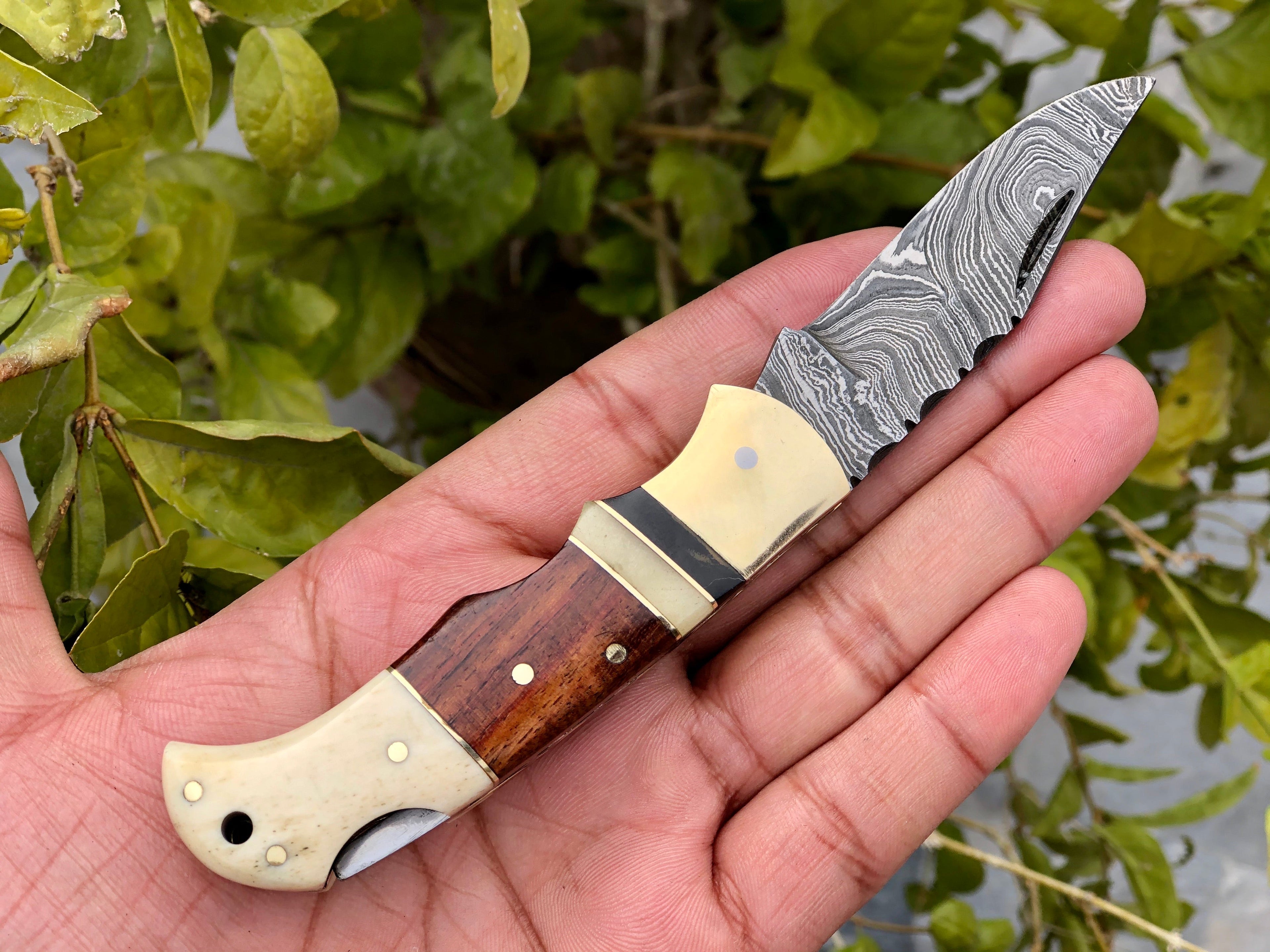 Custom Handmade Damascus Steel Small Folding Pocket Knife with Bone, Rosewood, and Brass Bolsters Handle