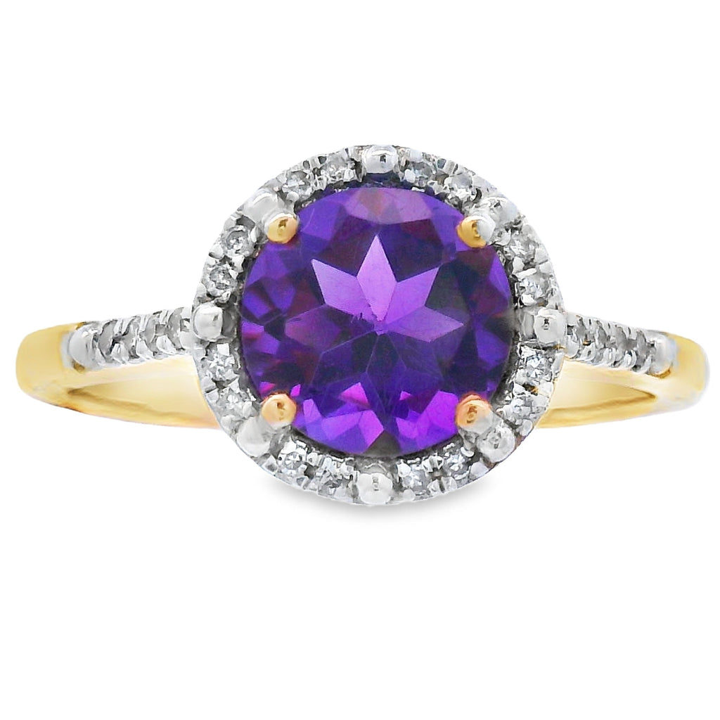 Genuine 1.35ct Amethyst Diamond Ring 10KT Yellow Gold