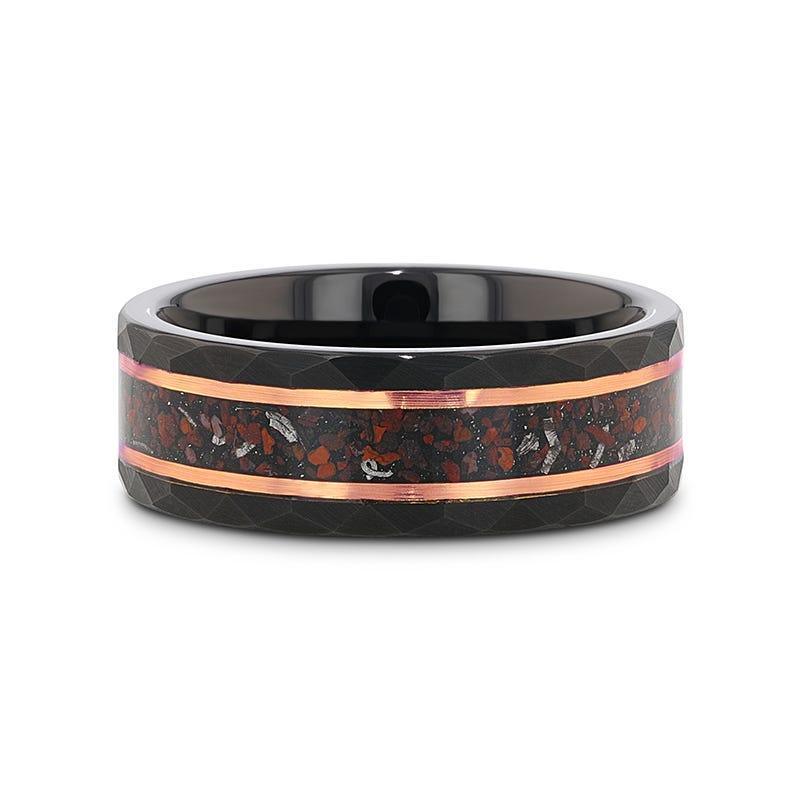INFERNO Black/Rose Hammered Tungsten Carbide Ring with Dinosaur Bones and Meteorite – 8mm