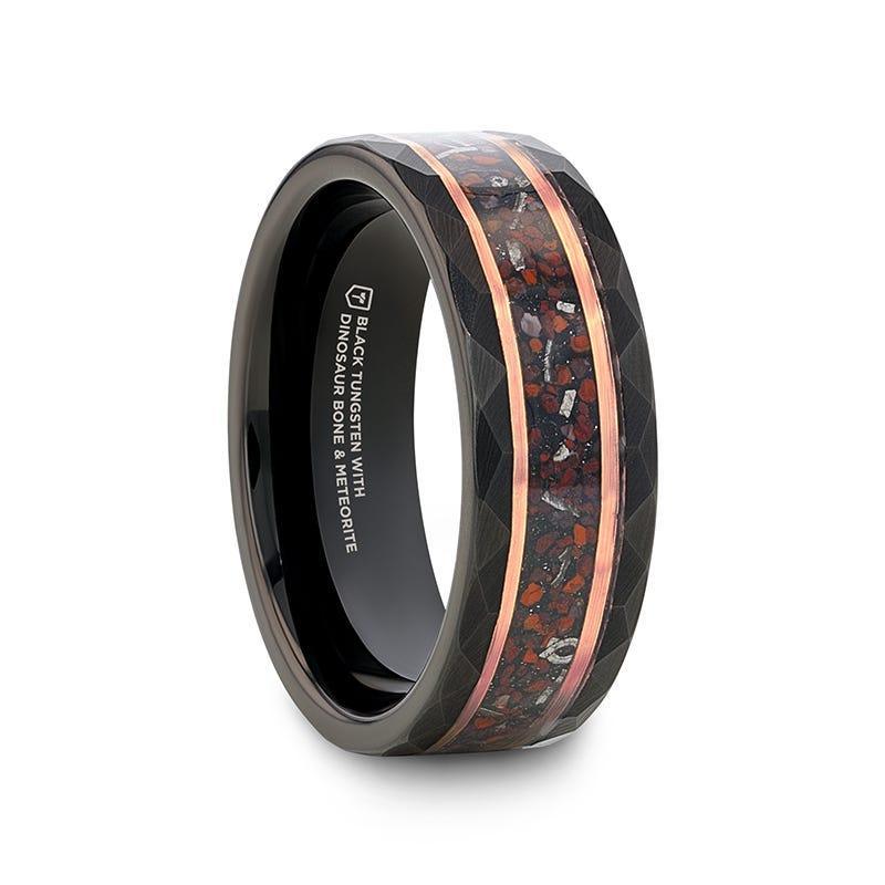 INFERNO Black/Rose Hammered Tungsten Carbide Ring with Dinosaur Bones and Meteorite – 8mm