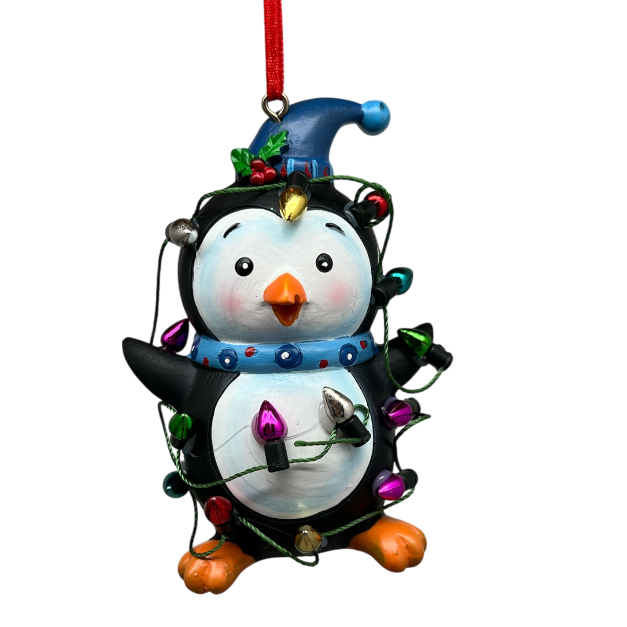 Festive Penguin With Holiday Lights and Blue Hat