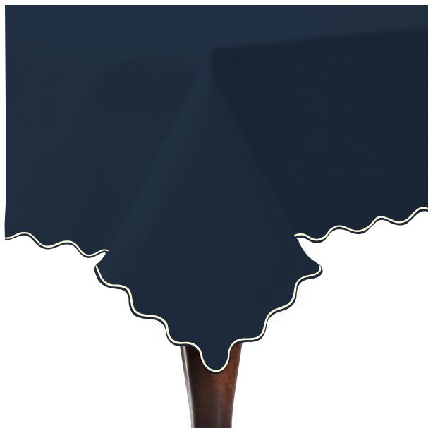 Scallop Embroidery Sateen Cotton Solid Table Cloth - Navy