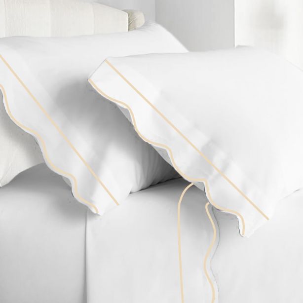 400TC Cotton Scallop Embroidery & Border Sateen Solid Sheet Set
