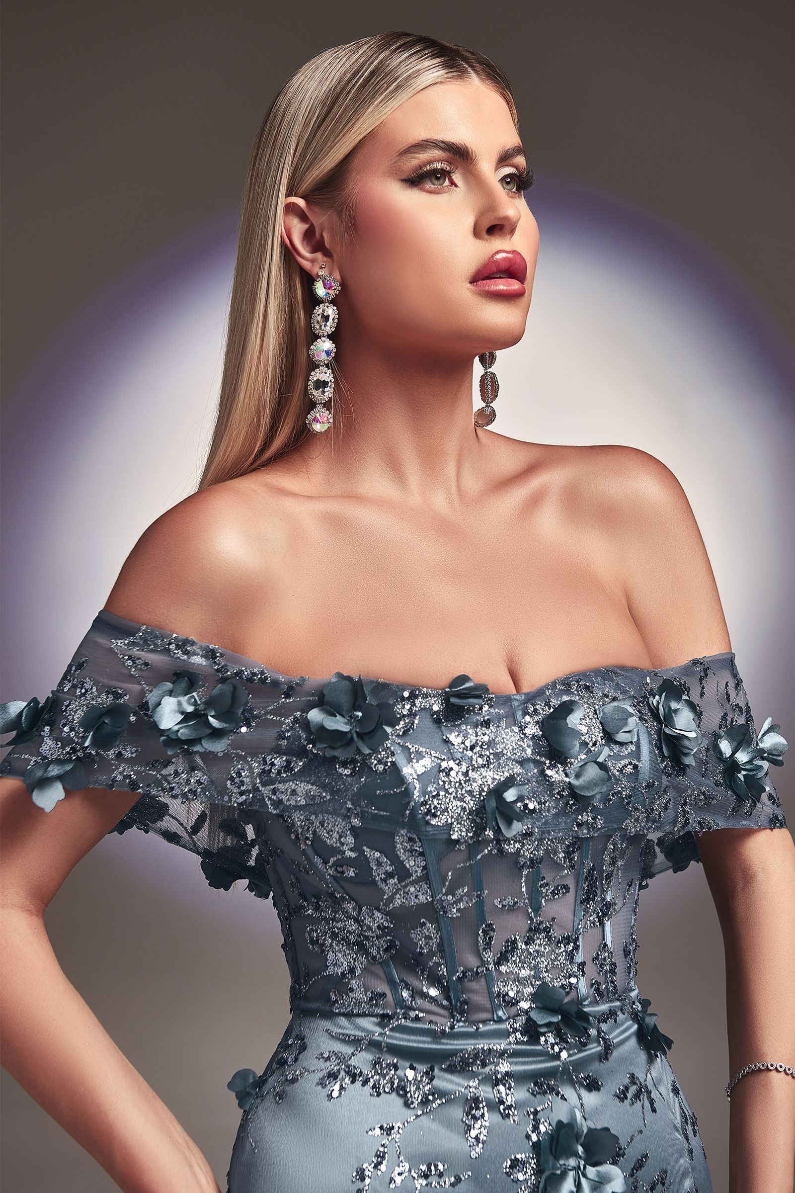 FLORAL PRINT FITTED OFF THE SHOULDER GOWN CDJ832