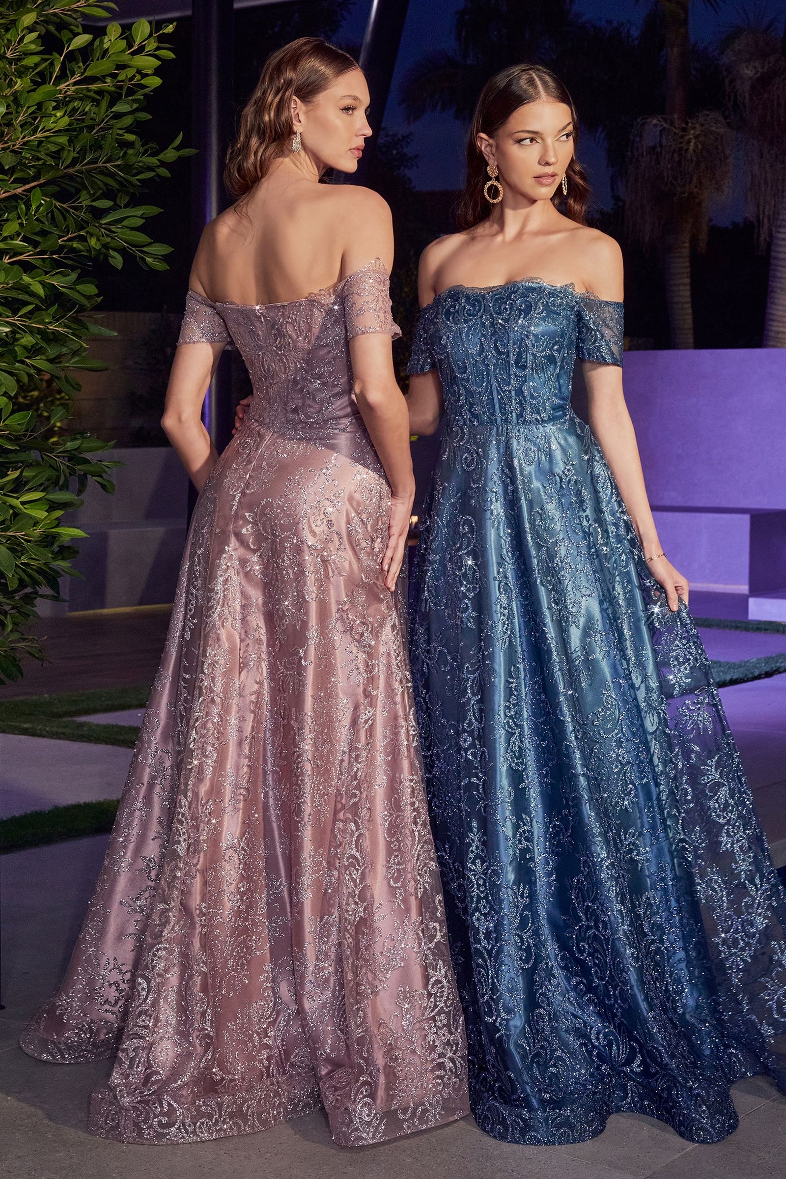 Emerald Green, Dusty Rose, Steel Blue Off-Shoulder Embroidered Glitter Gown  CDJ835