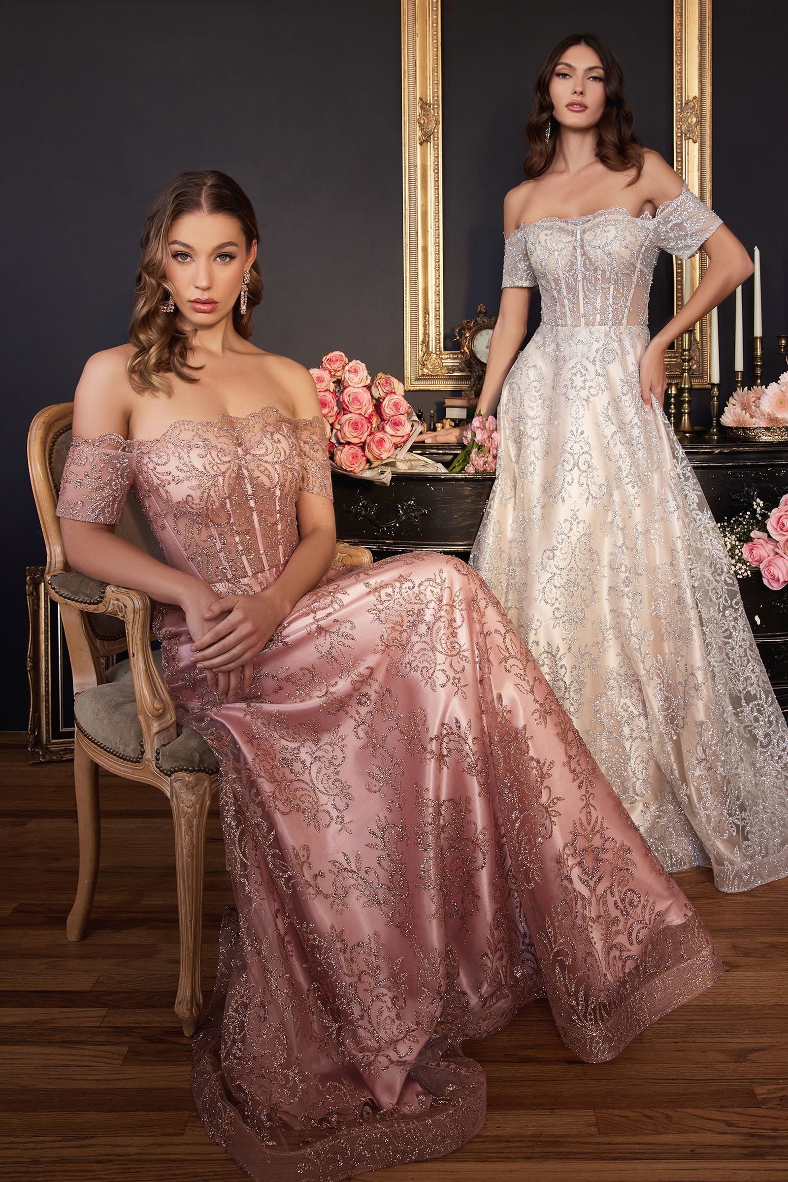Emerald Green, Dusty Rose, Steel Blue Off-Shoulder Embroidered Glitter Gown  CDJ835