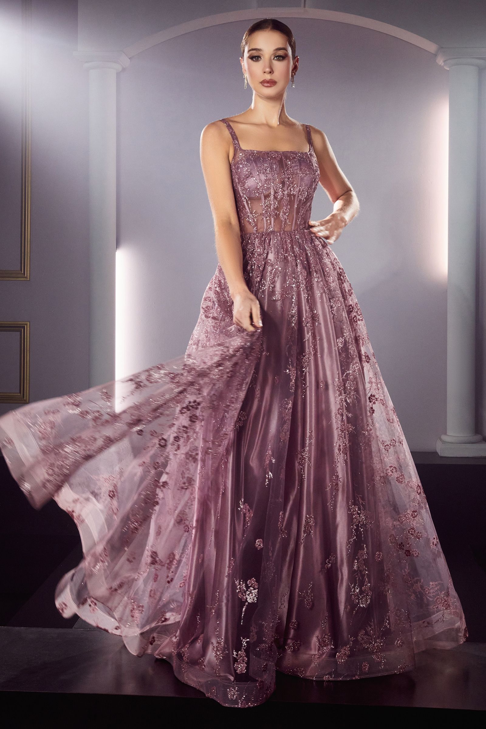 Glitter Print A-Line Dress Sequined Applique, Open Back, & Sequin Ballgown CDJ840