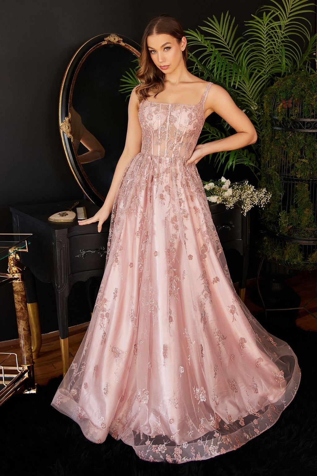 Glitter Print A-Line Dress Sequined Applique, Open Back, & Sequin Ballgown CDJ840