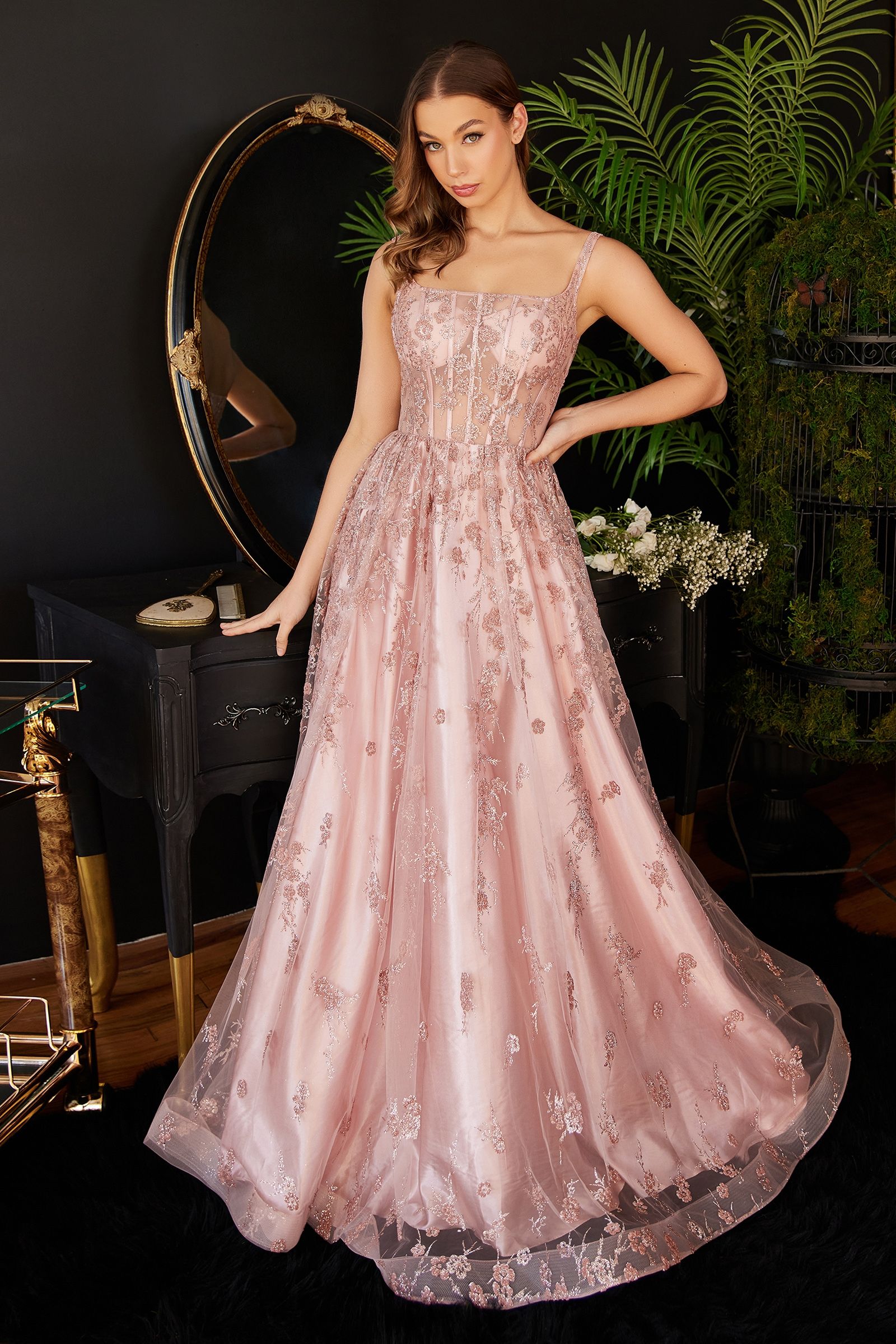 Glitter Print A-Line Dress Sequined Applique, Open Back, & Sequin Ballgown CDJ840