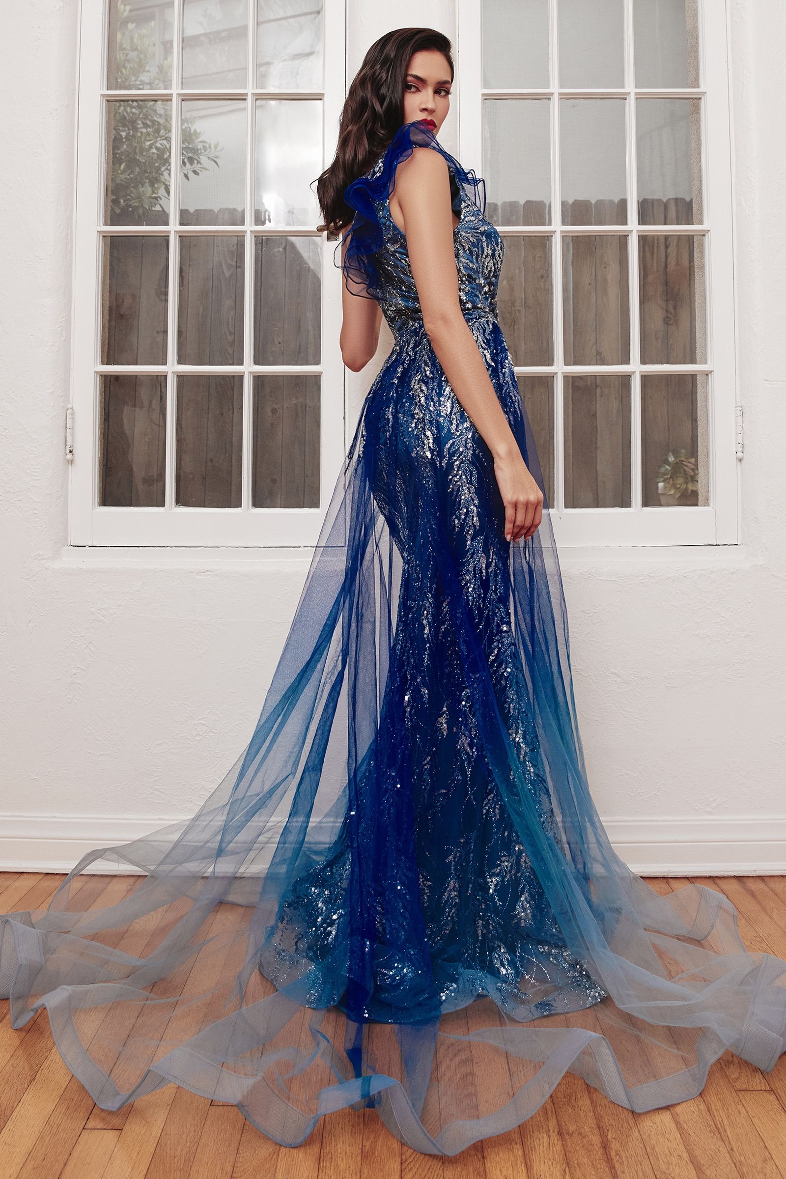 Lavender |  Gold One-Shoulder or Strapless Sequin Gown with Detachable Tulle Overskirt CDJ851