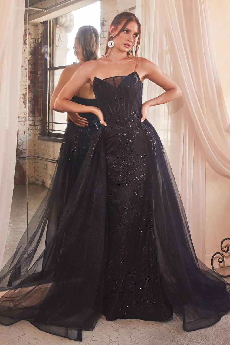 Sage Green, Mauve, Black, Blue | Strapless Embroidered Corset Gown with Tulle Overskirt & Beaded DetailSage Green, Mauve, Black, Blue | Strapless Embroidered Corset Gown with Tulle Overskirt & Beaded Detail  CDJ858