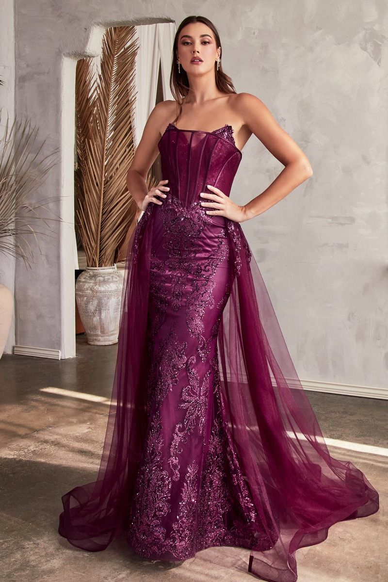 Sage Green, Mauve, Black, Blue | Strapless Embroidered Corset Gown with Tulle Overskirt & Beaded DetailSage Green, Mauve, Black, Blue | Strapless Embroidered Corset Gown with Tulle Overskirt & Beaded Detail  CDJ858