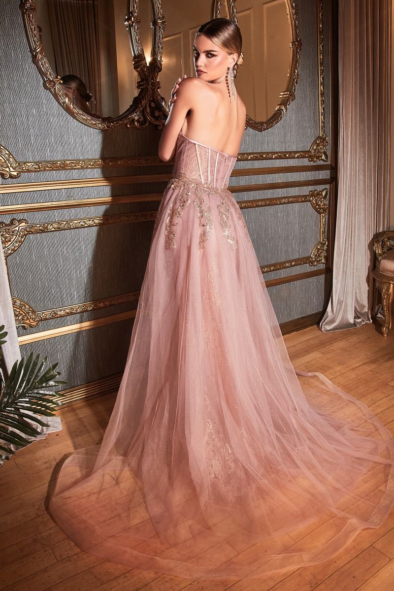 Sage Green, Mauve, Black, Blue | Strapless Embroidered Corset Gown with Tulle Overskirt & Beaded DetailSage Green, Mauve, Black, Blue | Strapless Embroidered Corset Gown with Tulle Overskirt & Beaded Detail  CDJ858