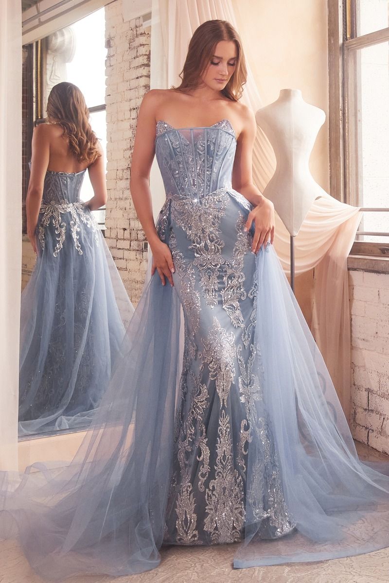 Sage Green, Mauve, Black, Blue | Strapless Embroidered Corset Gown with Tulle Overskirt & Beaded DetailSage Green, Mauve, Black, Blue | Strapless Embroidered Corset Gown with Tulle Overskirt & Beaded Detail  CDJ858
