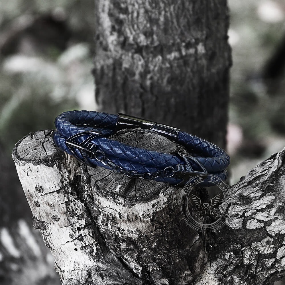 Double-Layer Braided Stainless Steel Leather Bracelet