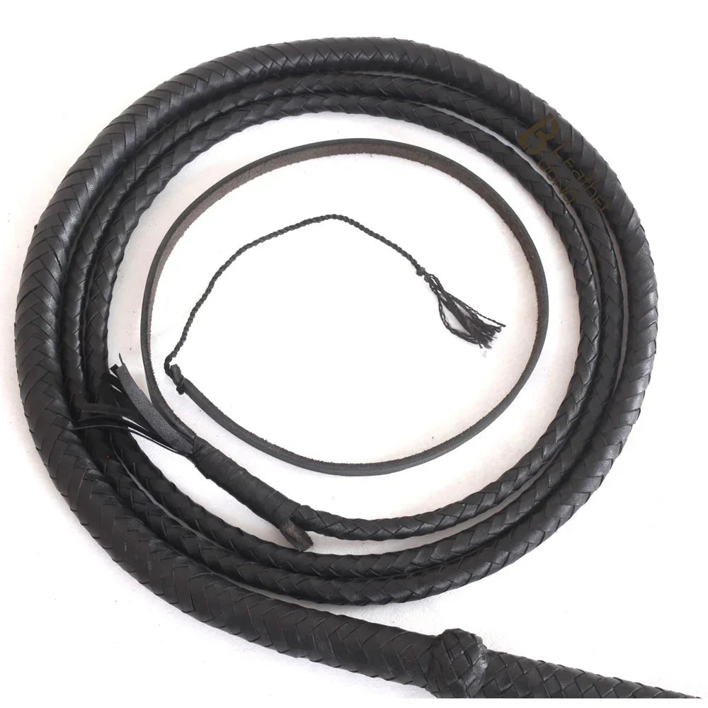 Black Leather Bullwhip 3ft, 4ft, 6ft & 8ft – 8 Plait Handmade Real Cowhide Rope Core Whip