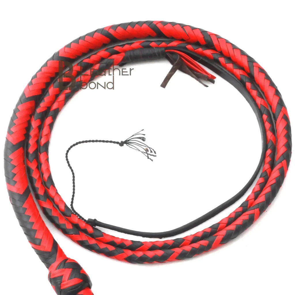 Red & Black Leather Bullwhip 6ft & 8ft – 16 Plait Handmade Real Cowhide Rope Core Whip