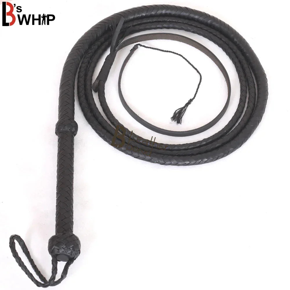 Black Leather Bullwhip 3ft, 4ft, 6ft & 8ft – 8 Plait Handmade Real Cowhide Rope Core Whip