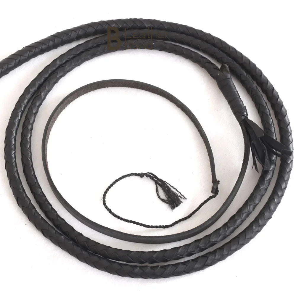 Black Leather Bullwhip 3ft, 4ft, 6ft & 8ft – 8 Plait Handmade Real Cowhide Rope Core Whip
