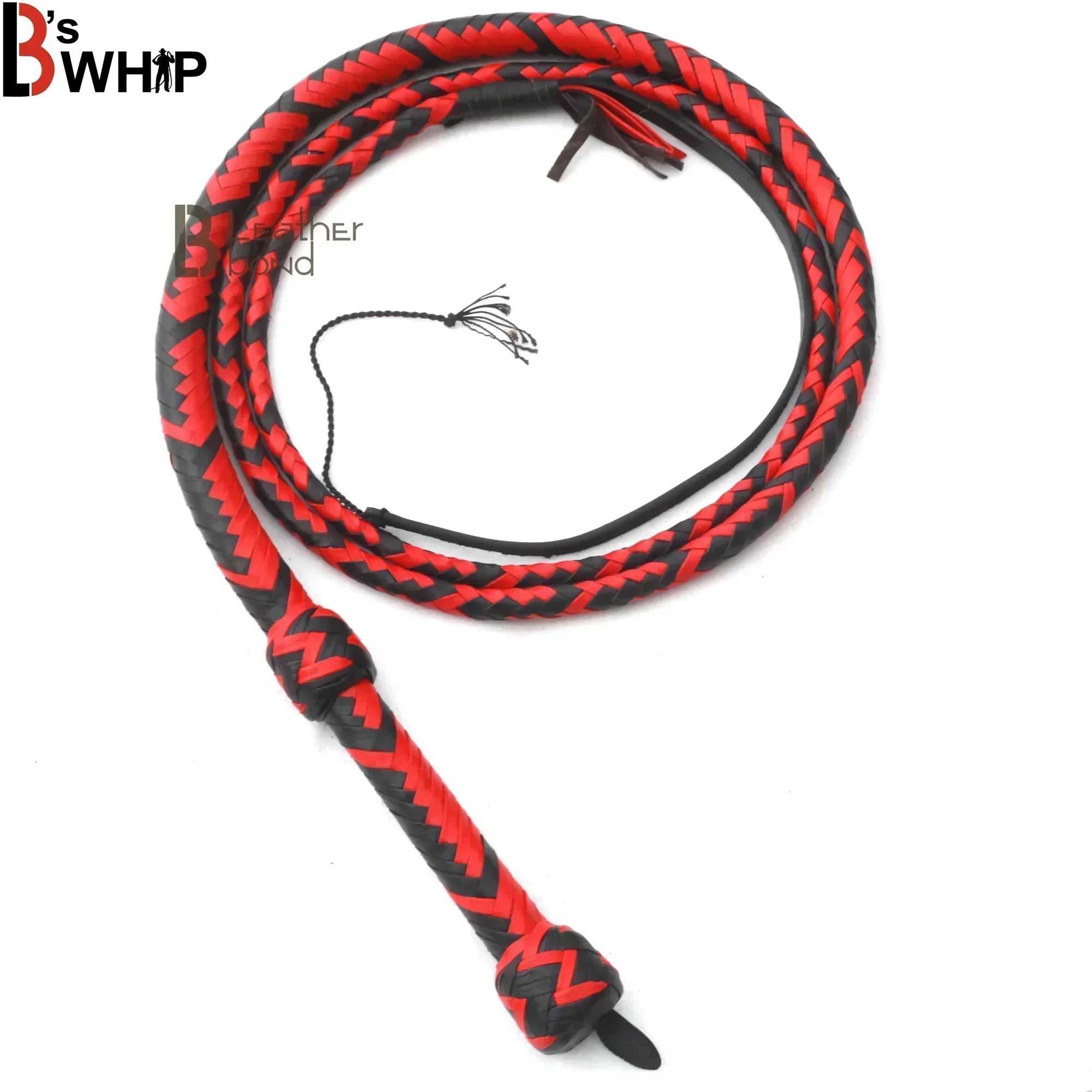 Red & Black Leather Bullwhip 6ft & 8ft – 16 Plait Handmade Real Cowhide Rope Core Whip