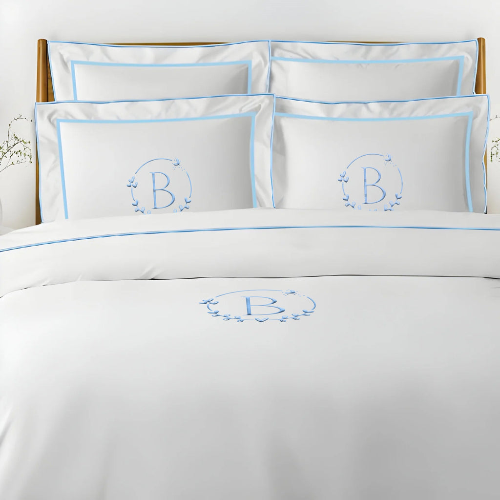 Monogram Embroidery & Border Cotton Sateen Solid Duvet Cover Set