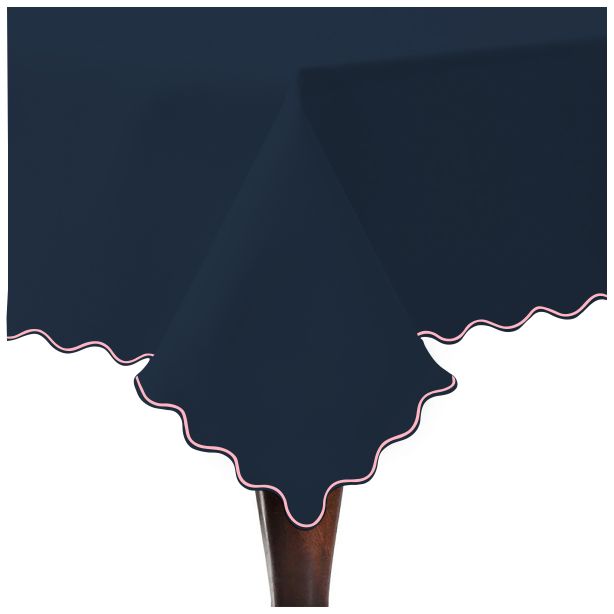 Scallop Embroidery Sateen Cotton Solid Table Cloth - Navy