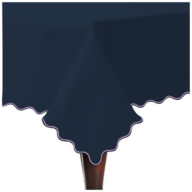 Scallop Embroidery Sateen Cotton Solid Table Cloth - Navy