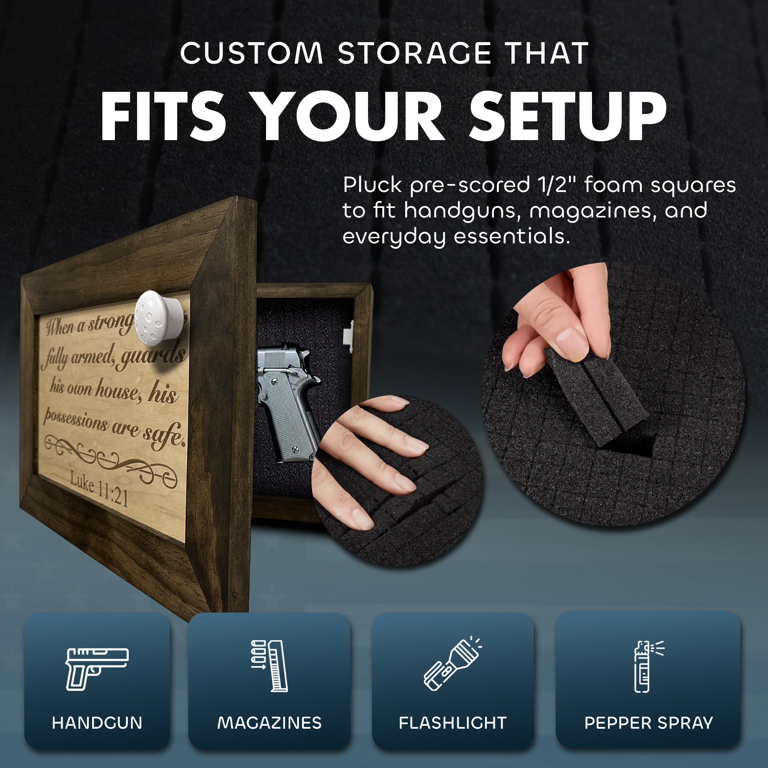 Luke 11:21 Wall Gun Safe - Religious Hidden Gun Safe - Handcrafted Concealment Furniture for Guns - Quick Access Firearm Storage with Magnetic Lock - Hidden Shelf Safe