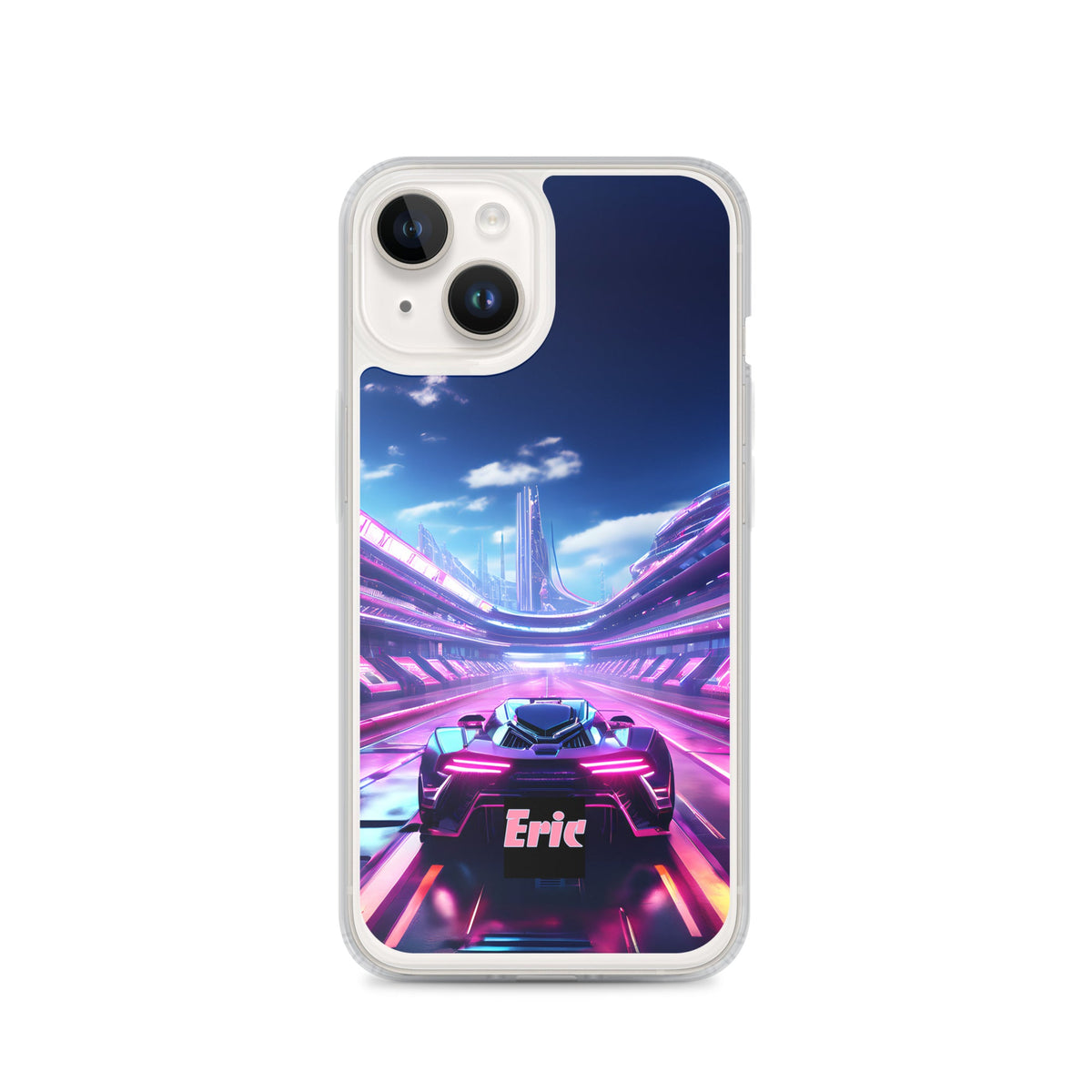 Neon Futuristic Race Car MagSafe® clear case for iPhone® with Optional Personalization