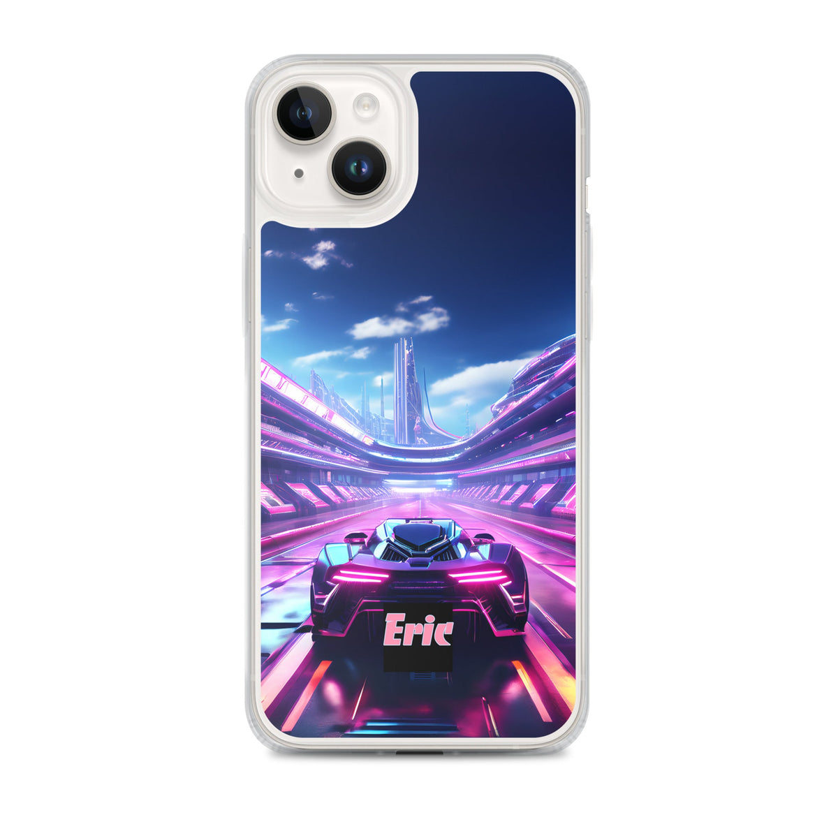 Neon Futuristic Race Car MagSafe® clear case for iPhone® with Optional Personalization