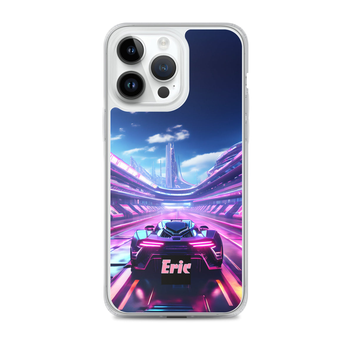 Neon Futuristic Race Car MagSafe® clear case for iPhone® with Optional Personalization