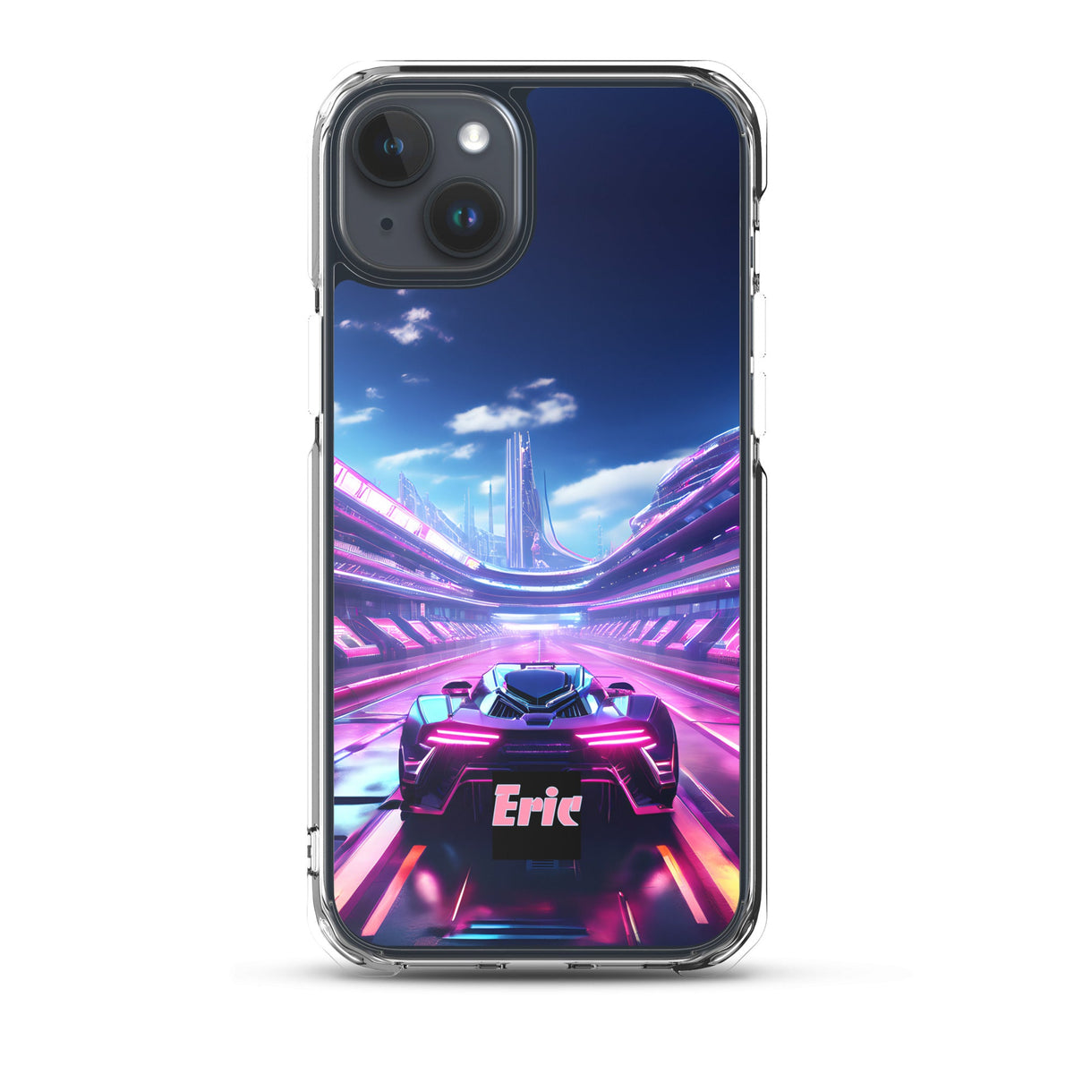 Neon Futuristic Race Car MagSafe® clear case for iPhone® with Optional Personalization