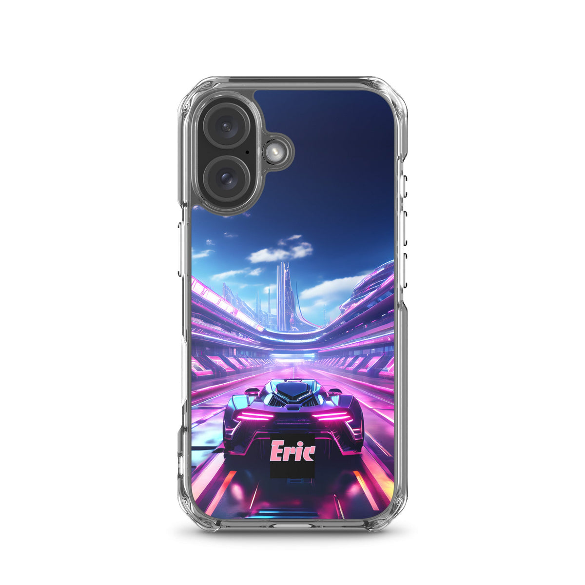 Neon Futuristic Race Car MagSafe® clear case for iPhone® with Optional Personalization