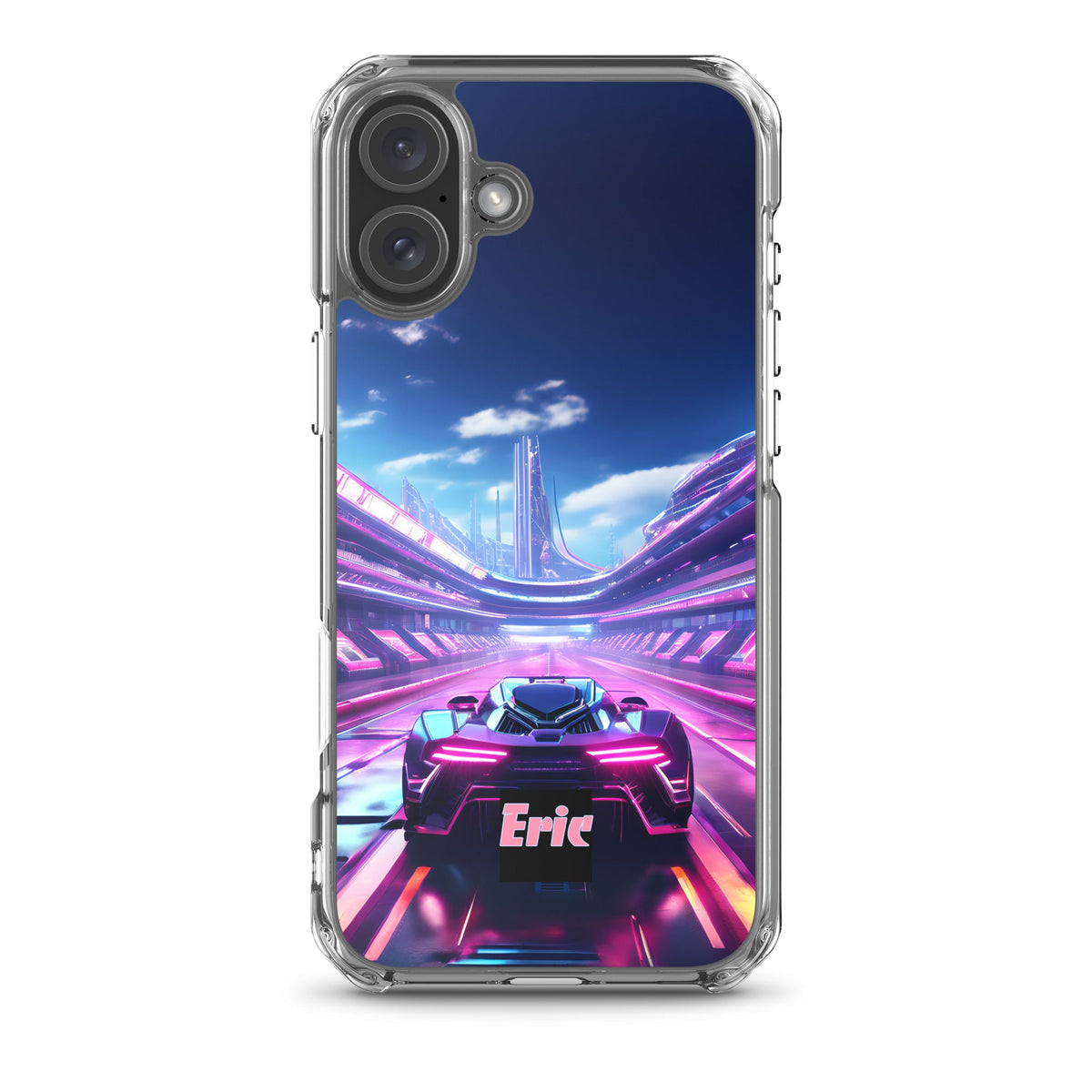 Neon Futuristic Race Car MagSafe® clear case for iPhone® with Optional Personalization