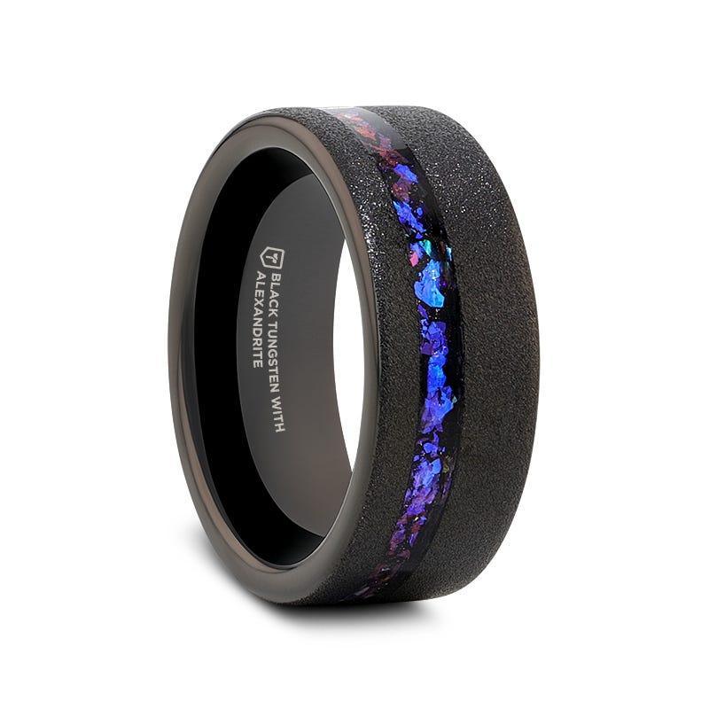 MIRAGE Sandblasted Black Tungsten Ring with Crushed Alexandrite and Dark Blue/Purple Crushed Goldstone – 8mm