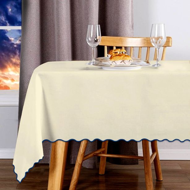 Scallop Embroidery Sateen Cotton Solid Table Cloth - Ivory