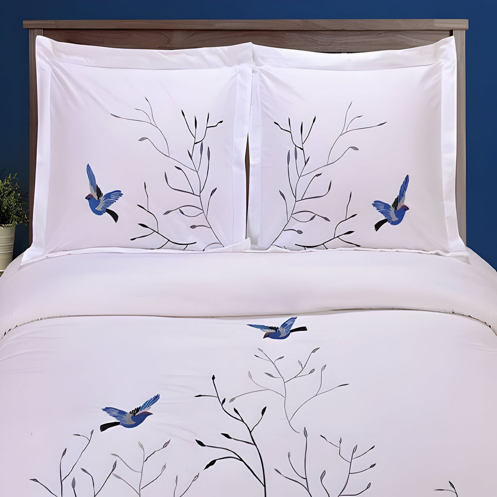 Swallow Embroidered Cotton Sateen Duvet Cover Set