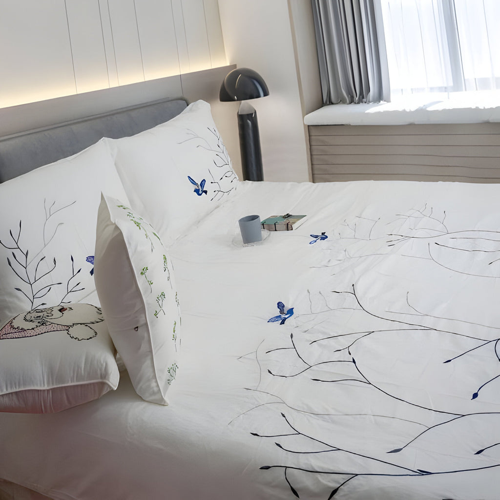 Swallow Embroidered Cotton Sateen Duvet Cover Set