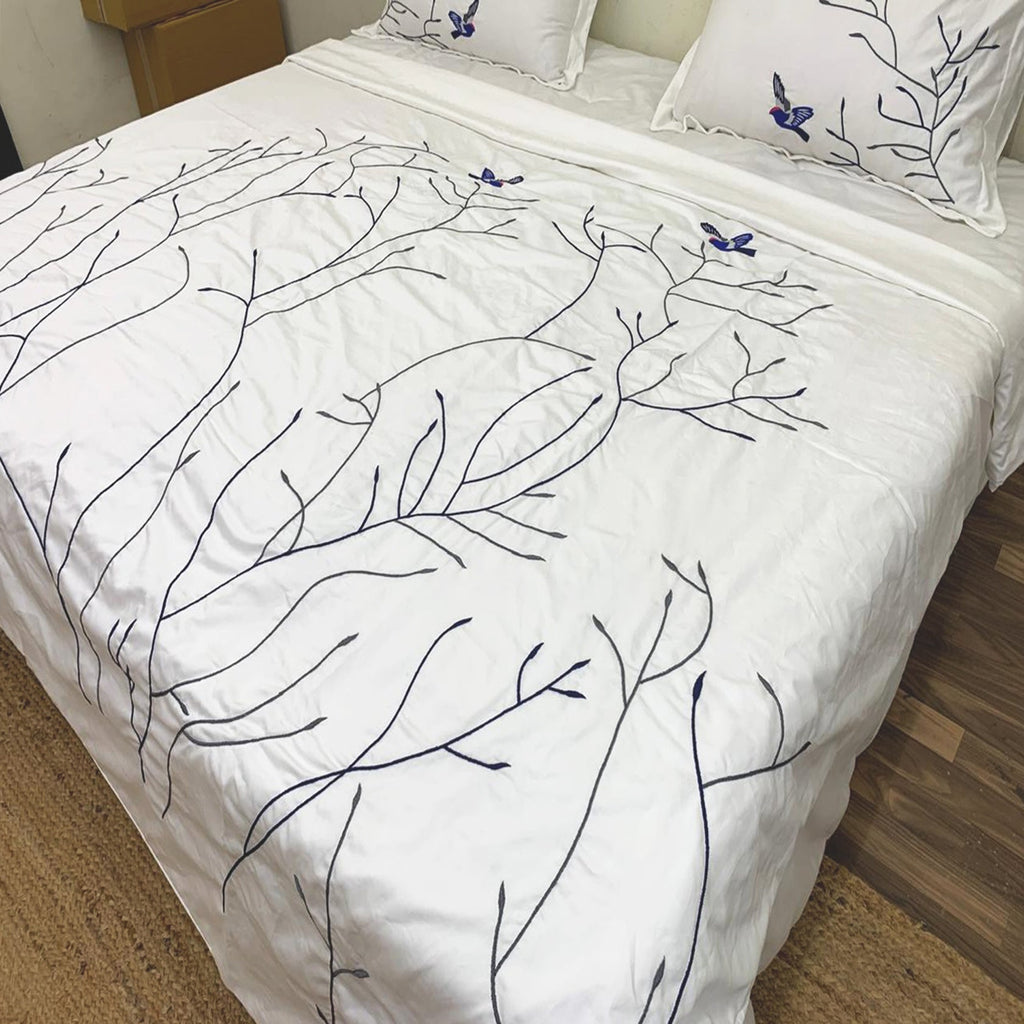 Swallow Embroidered Cotton Sateen Duvet Cover Set