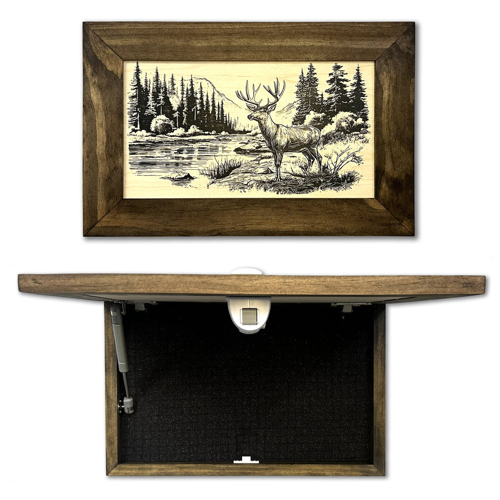 Deer Stream Buck Mountains Gun Concealment Furniture - Handcrafted Hidden Gun Storage Wall Decor - Hidden Safe Furniture with Magnetic Lock for Quick Access & Storage