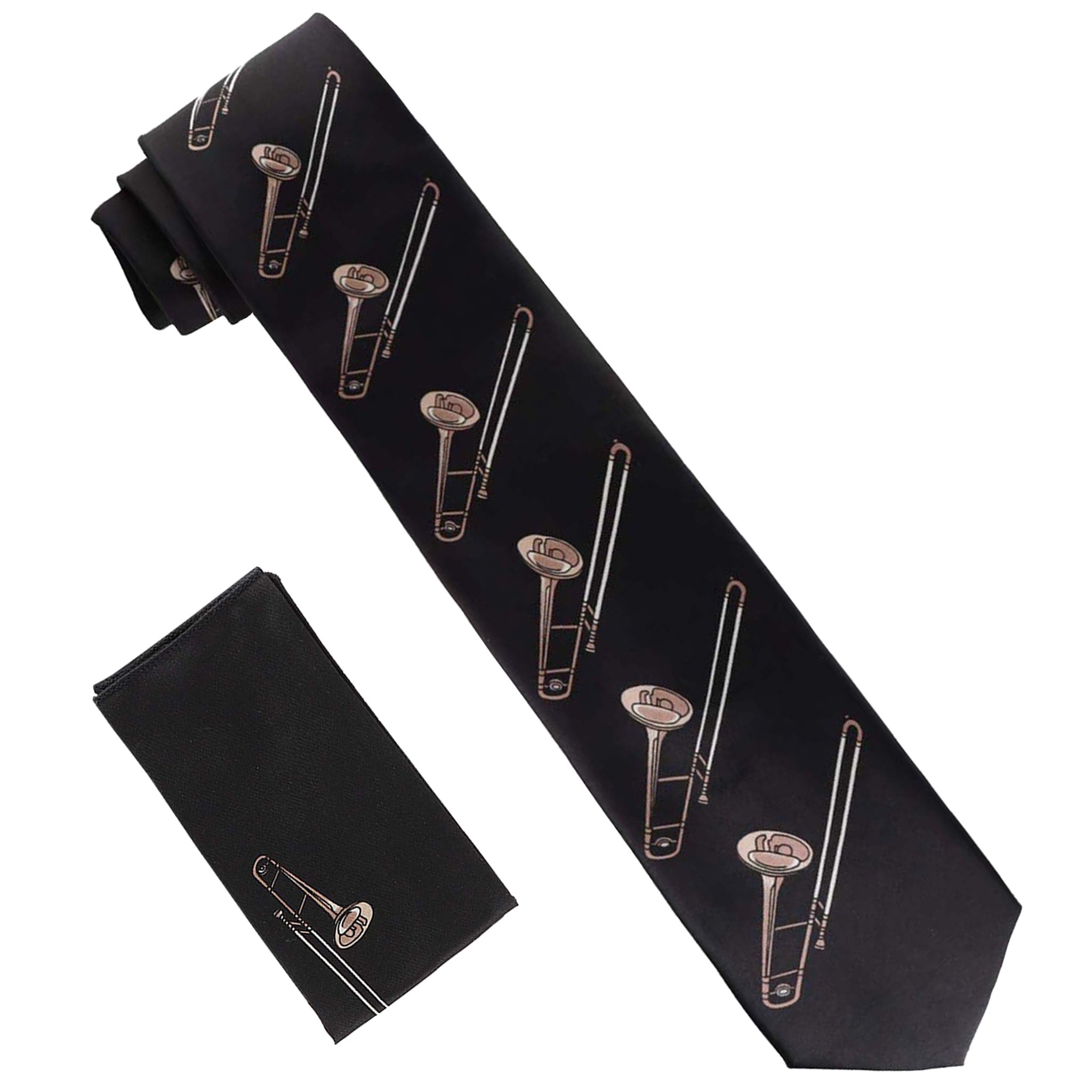 Vittorio Farina Men's Red and Gold Trombone Musical Necktie and Pocket Square