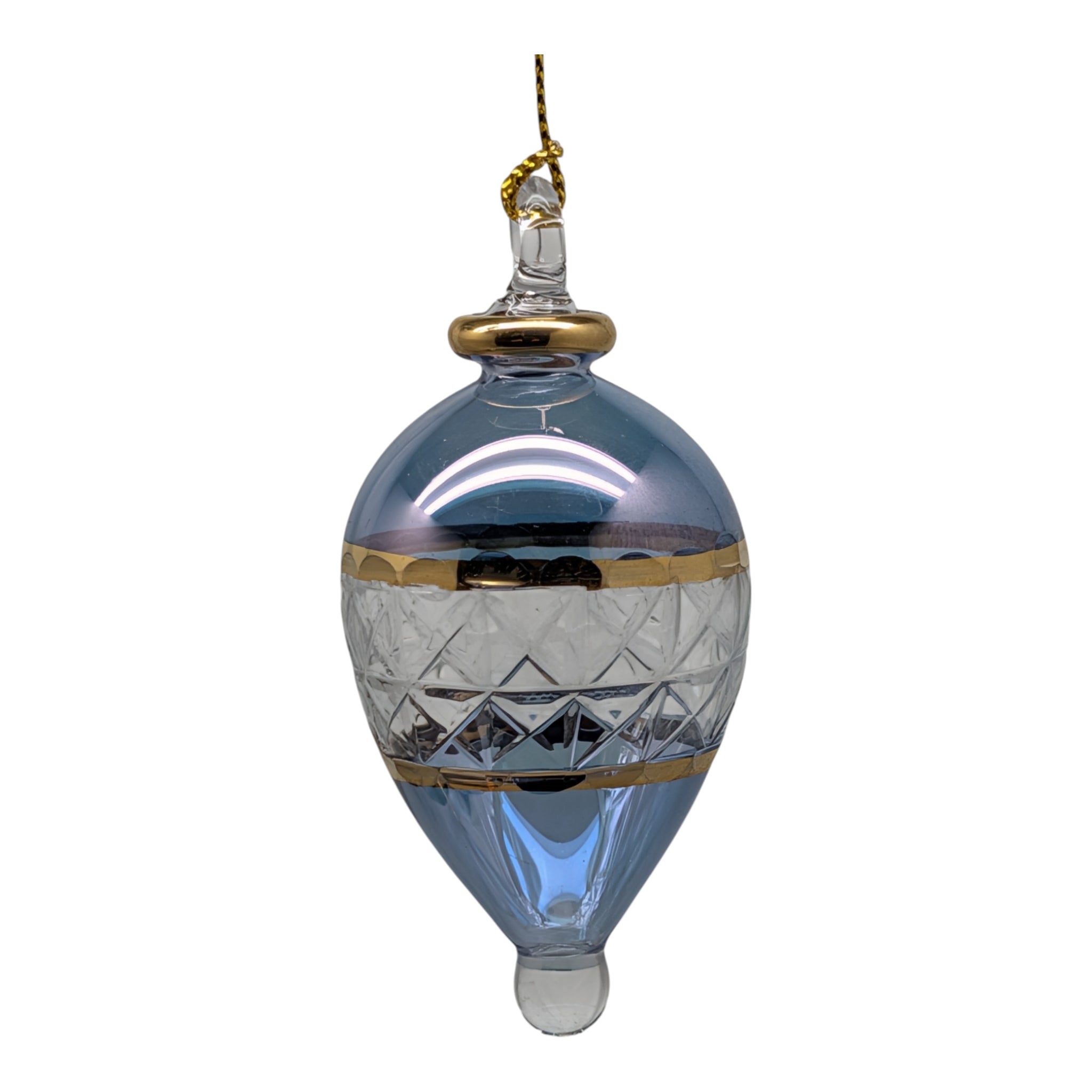 Lattice Glass Ornaments With Gold Accents - Light Blue Teardrop