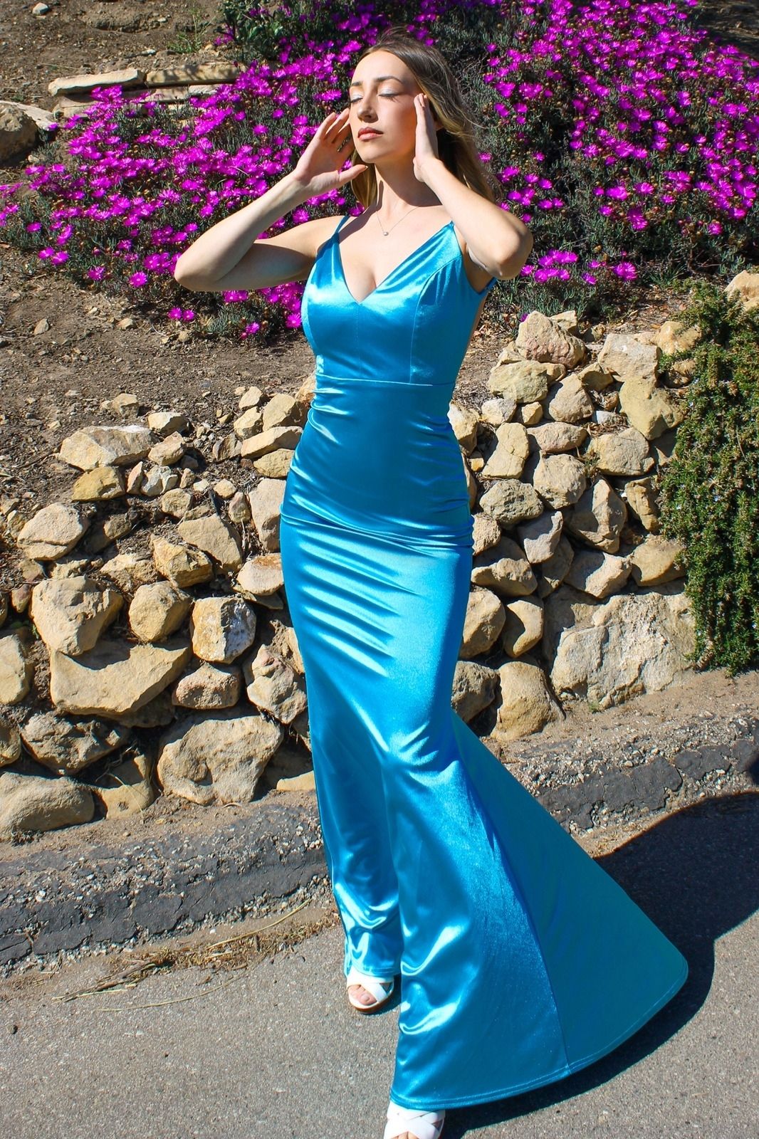 Neon Fitted Satin Backless Spaghetti Straps Bodice Long Bridesmaid Dress CDSE016