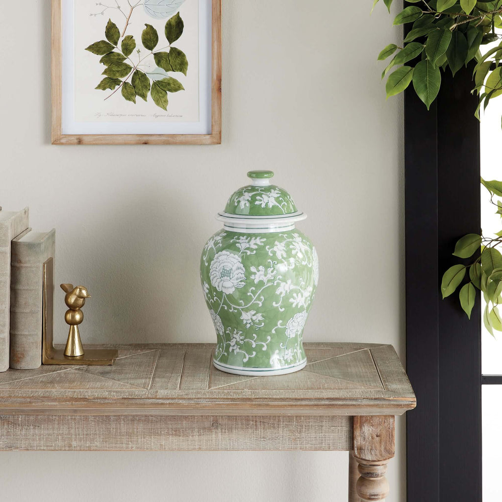 Porcelain Green Chinoiserie Lotus Ginger Jar with Lid