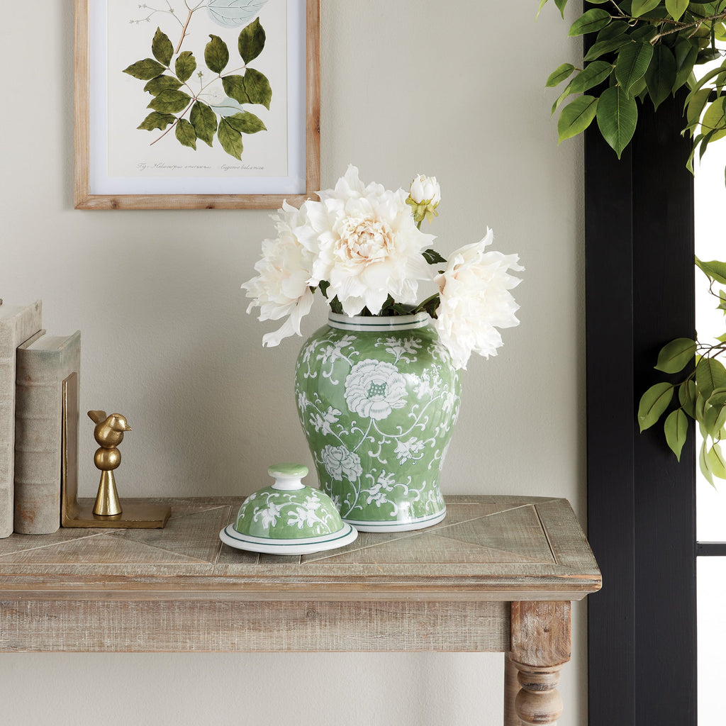 Porcelain Green Chinoiserie Lotus Ginger Jar with Lid