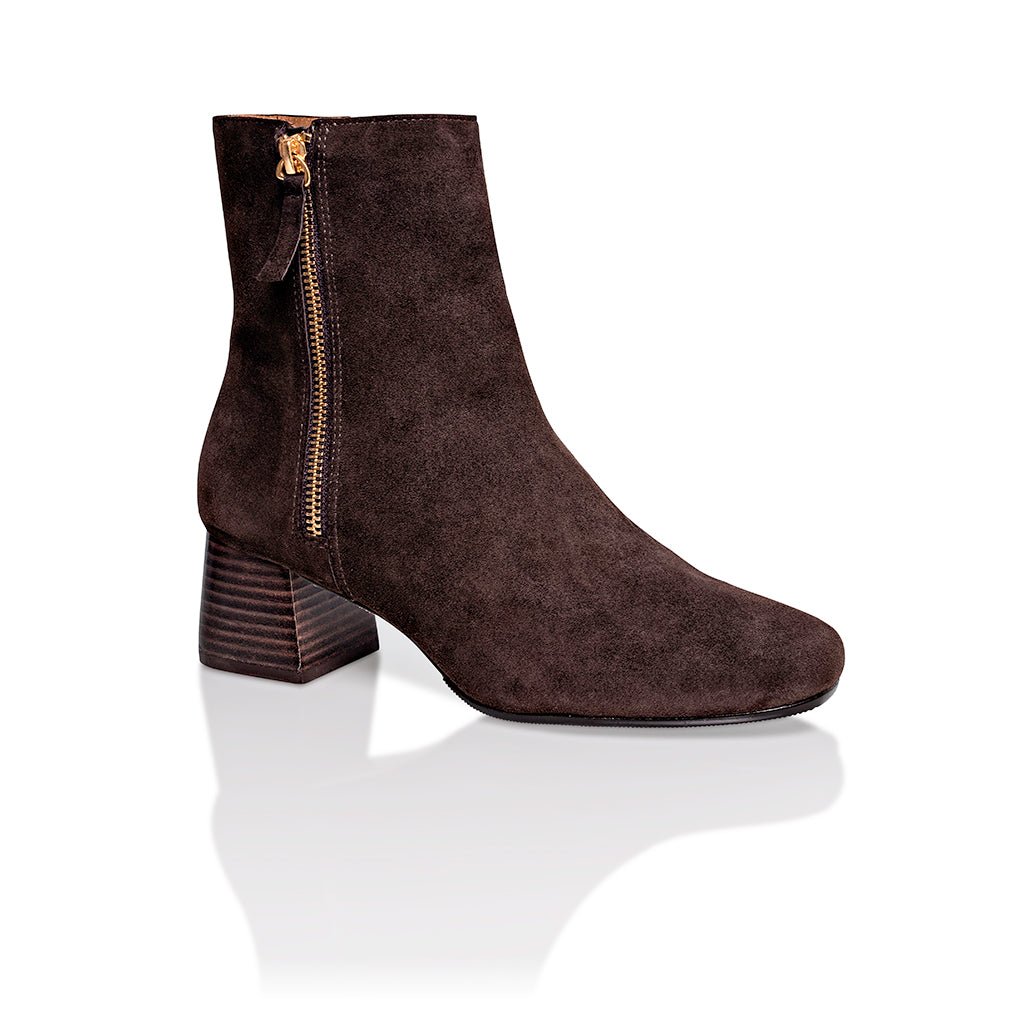 Arina Dress Ankle Bootie with a Block Heel in Café