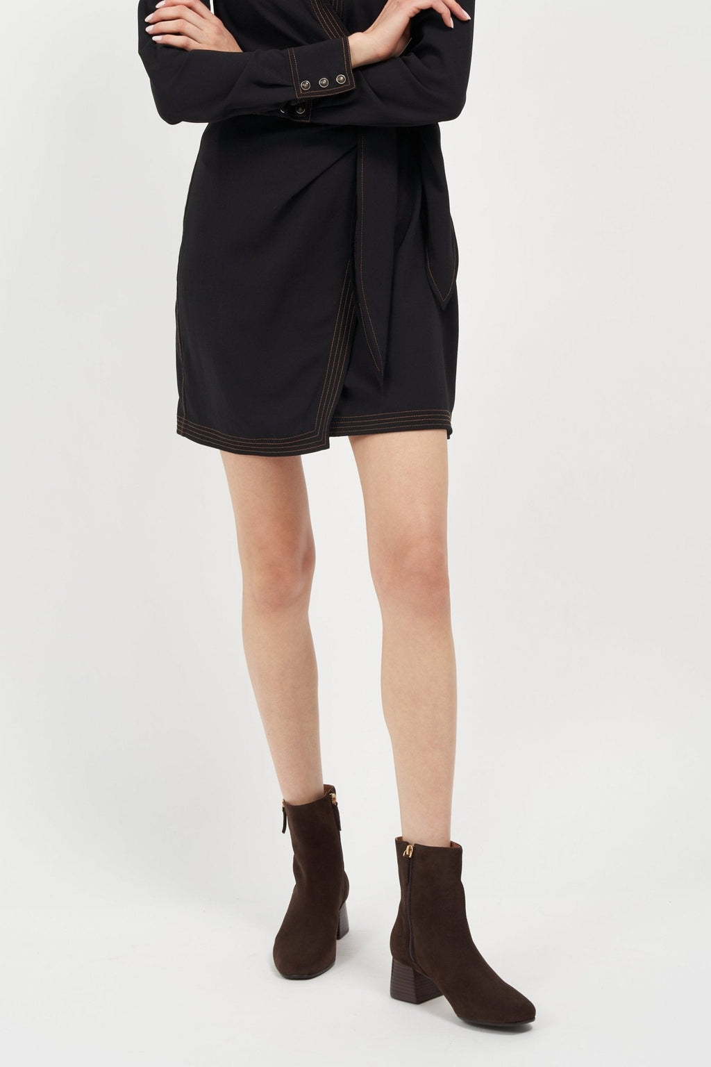 Arina Dress Ankle Bootie with a Block Heel in Café