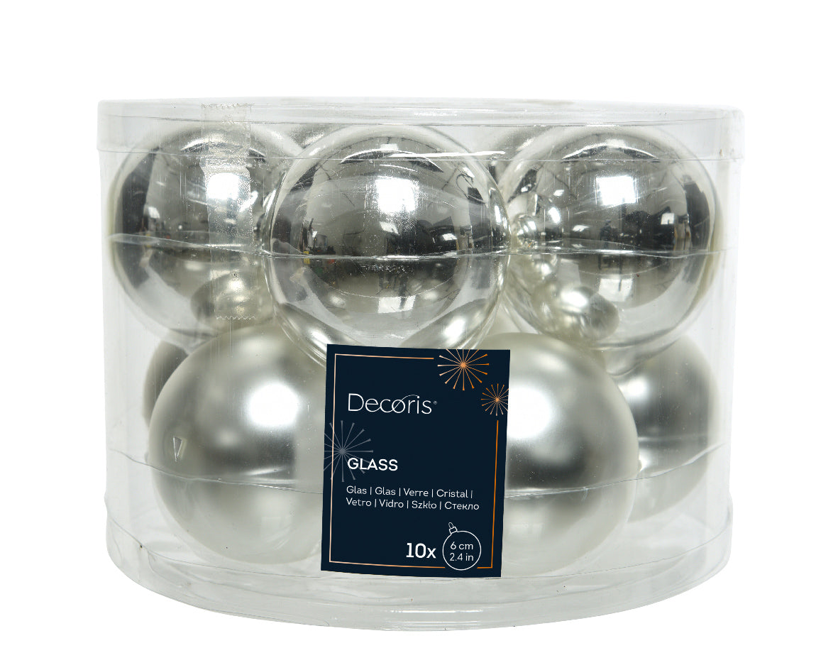 Glass 2.4" Ornaments - 10 piece Set - Elegant Silver